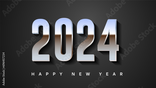 Happy new year wishes 2024 3d reflective metallic text on dark background
