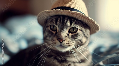 tabby cat face wearing hat