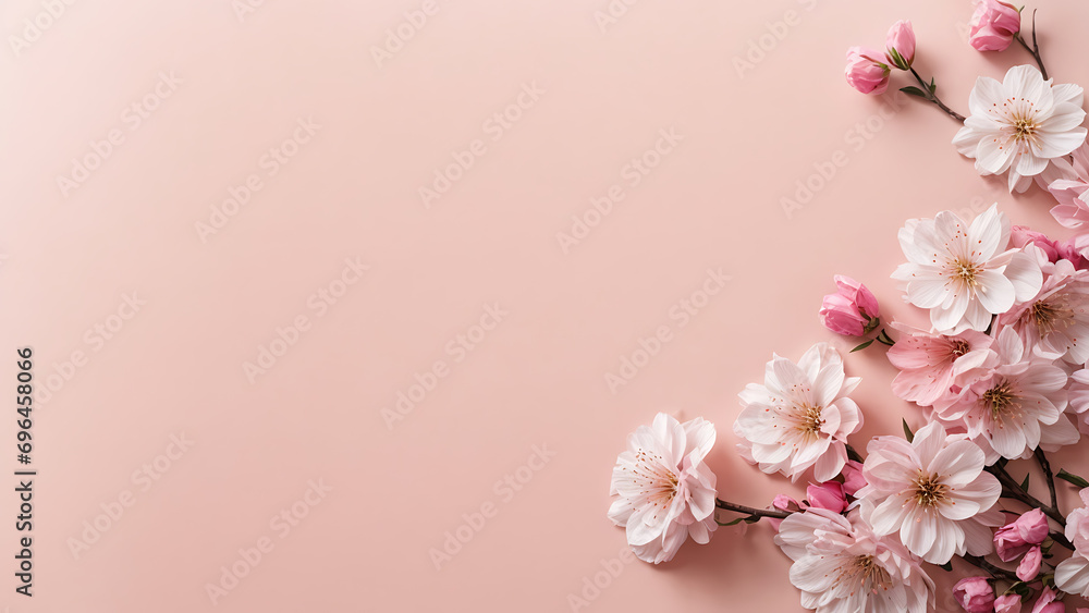Banner with cherry blossom on light pink background. Greeting card template for Wedding, mothers or womans day. Springtime composition with copy space. Flat lay style