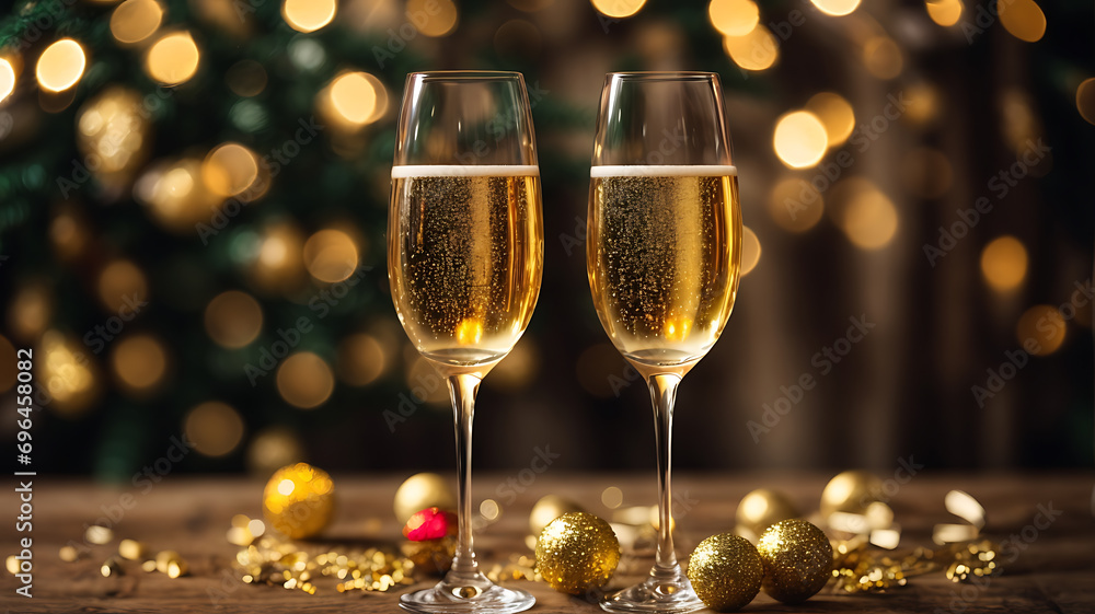 Two glasses of champagne gold glitter background. New year eve, Christmas party banner template with copy space for text Two glasses of champagne gold glitter background. New year eve, Christmas party banner template with copy space for text