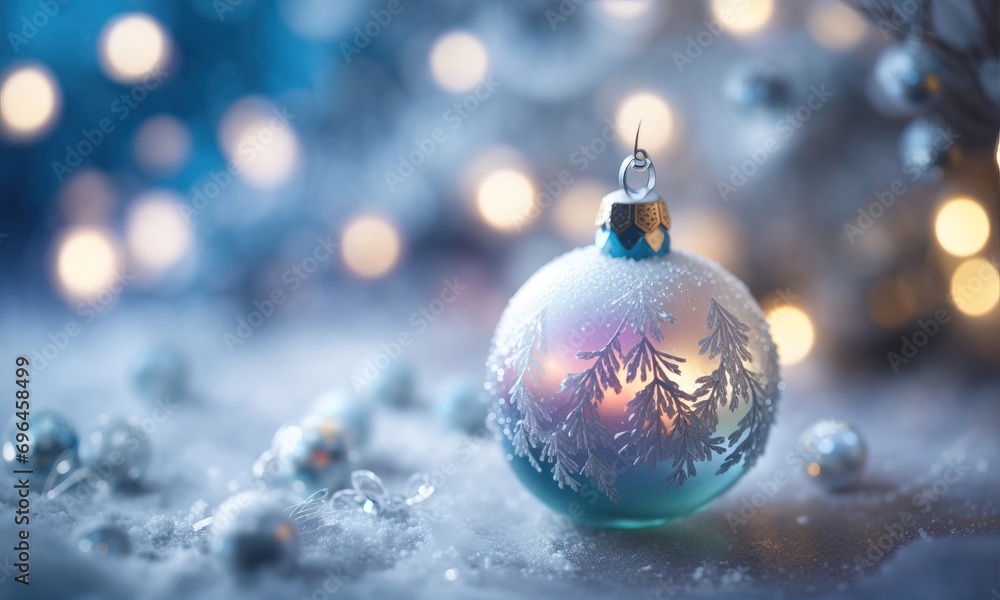 Beautiful frosted bauble close up, bokeh snowy background Beautiful frosted bauble close up, bokeh snowy background