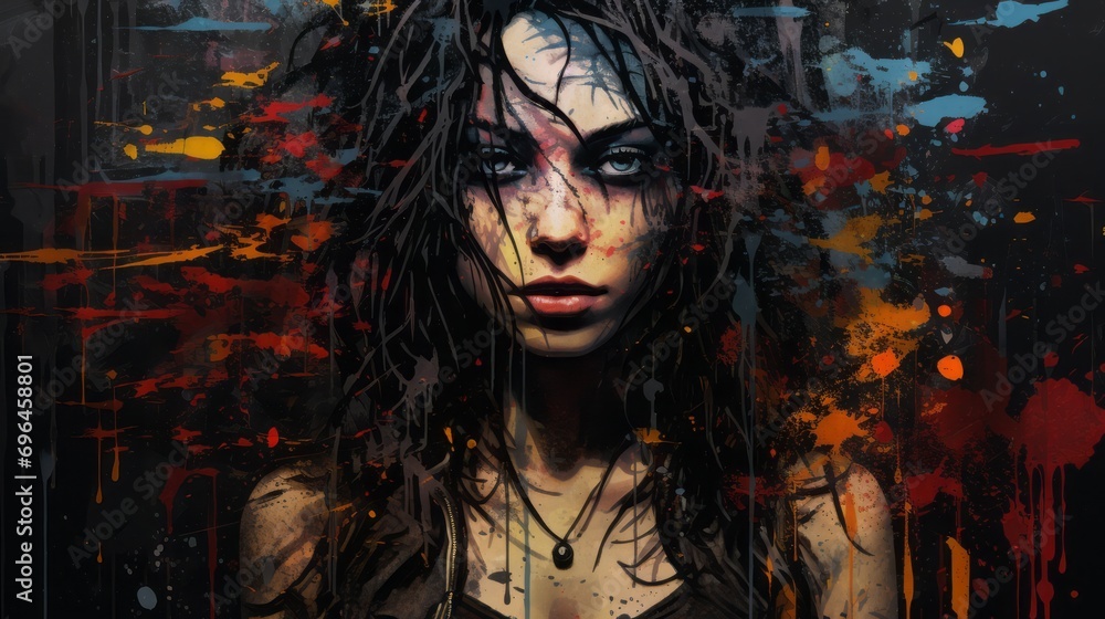 Fear emotions of the female mood represented in grunge style on a black background with space for text and graphics