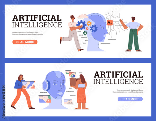 Artificial intelligence in humanoid head, people training AI robot with digital brain, learning processing vector set