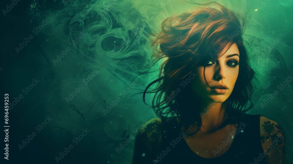 Fear emotions of the female mood represented in grunge style on a emerald background with space for text and graphics Fear emotions of the female mood represented in grunge style on a emerald background with space for text and graphics