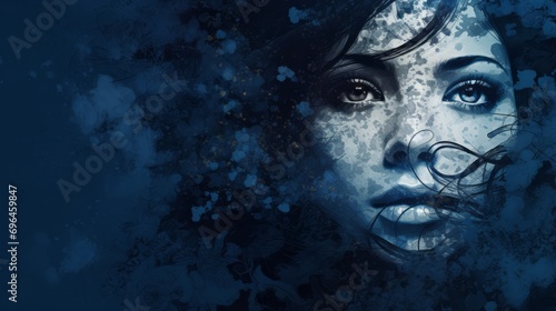 Fear emotions of the female mood represented in grunge style on a blue background with space for text and graphics