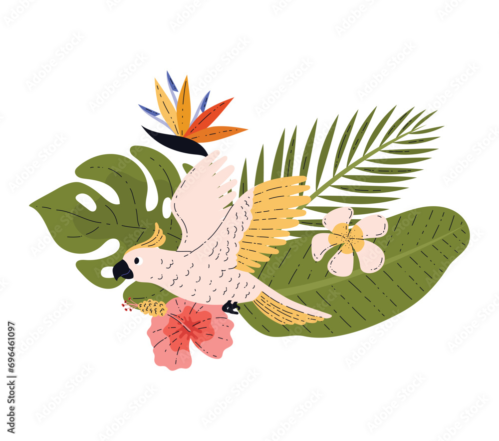 Naklejka premium Flying cockadu tropical bird among flowers and leaves flat style