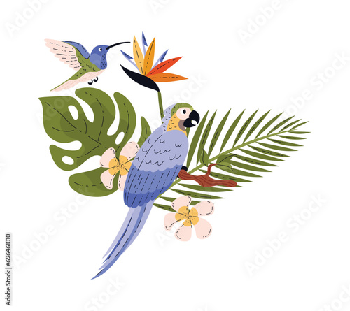 Ara parrot and hummingbird around leaves and flowers flat style, vector illustration