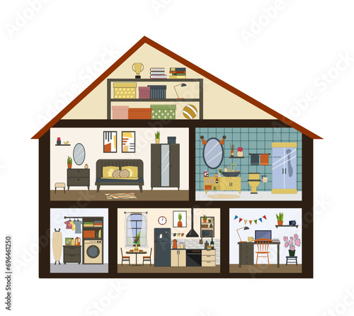 Sectional house for dolls. Vector flat illustration with outline. Living room and bedroom, bathroom and kitchen. For covers and brochures, games for kids, advertising flyers, posters, social networks