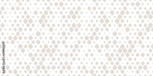 Subtle vector seamless pattern with small curved shapes, drops, dots. Luxury modern white and beige background with halftone effect, randomly scattered shapes. Simple elegant texture. Minimal design
