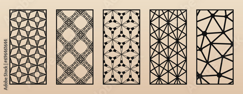 Laser cut, CNC cutting patterns vector set. Abstract geometric ornaments with thin lines, grid, lattice. Modern arabesque style. Cutting stencil for wood panel, metal, plastic, paper. Aspect ratio 1:2