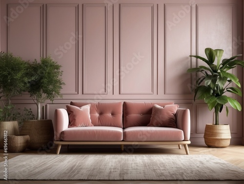 Pink velvet loveseat sofa, wooden cabinet and potted houseplant against venetian stucco wall © Dhiandra