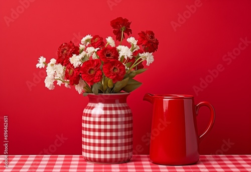 Gingham style interior design of a table with white and red flowers in a pot and a big red mug.