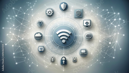 Met en vedette des icônes représentant le Wi-Fi, un bouclier, la sécurité, un PC et des nuages, symbolisant différents aspects de la cybersécurité et de la technologie