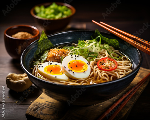  Japanese ramen with meat, eggs and green on a plate.