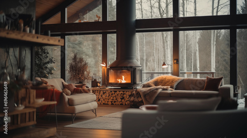 Modern rustic living space with central fireplace, plush sofas, and forest view. Generative AI. © Cristiano