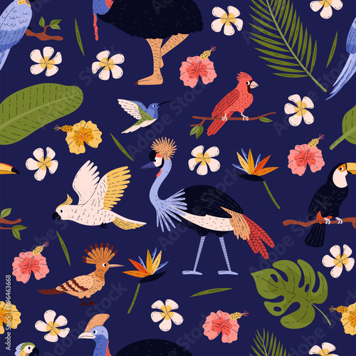 Seamless pattern design with exotic birds and parrots  vector illustration.