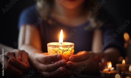 Burning candle in hands with selective focus