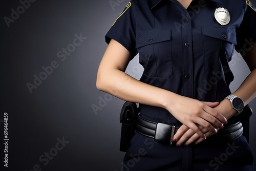 Crimefighting Commitment: An Up-Close Glimpse at a Female Police Professional, Perfect for Ad Campaigns or Promotions, Providing Thoughtful Space for Text and Graphics © Martin