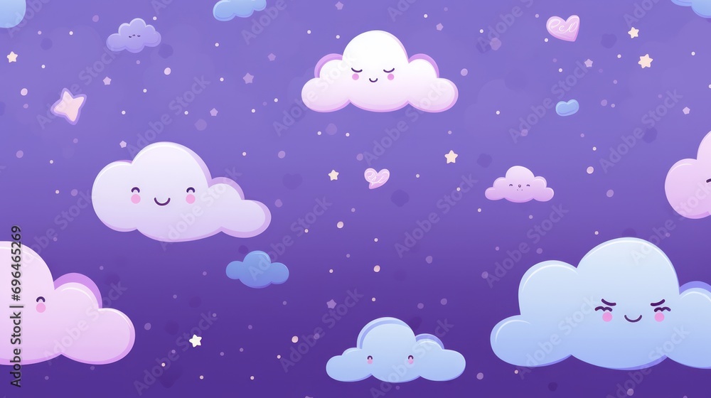 Illustration of cute clouds on a starry night background with a moon in kawaii style