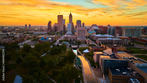 Aerial Indianapolis Skyline at Sunset with River Reflection