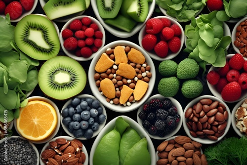 Top View of Colorful Array - Fruits, Vegetables, and Nuts - Healthy Food Concept