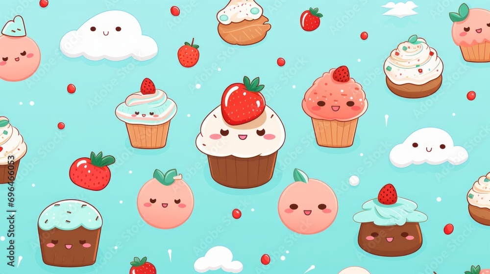 sweet pastries in kawaii style on turqouise background with apce for text