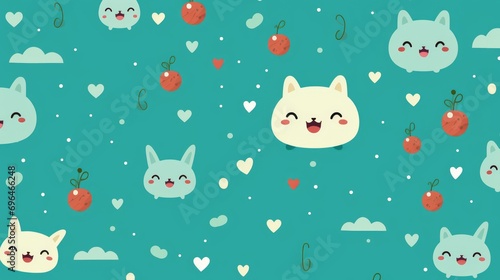 sweet kittens in kawaii style in turqouise background with space for text