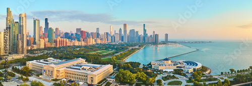 Aerial Chicago Skyline at Golden Hour with Lake Michigan Panorama