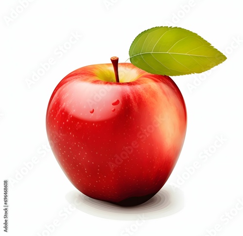 Vibrant Red Apple with Leaf on Clean White Background - Fresh and Juicy Fruit Concept