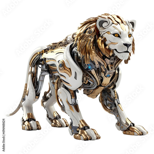 Robot White & Golden Lion isolated on transparent background. © PixelXpert