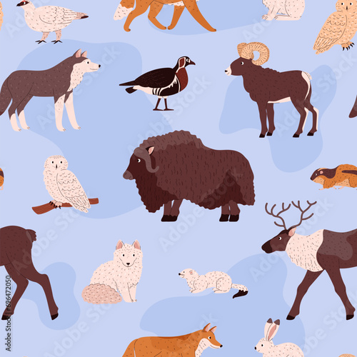 Seamless pattern with different tundra animals flat style, vector illustration