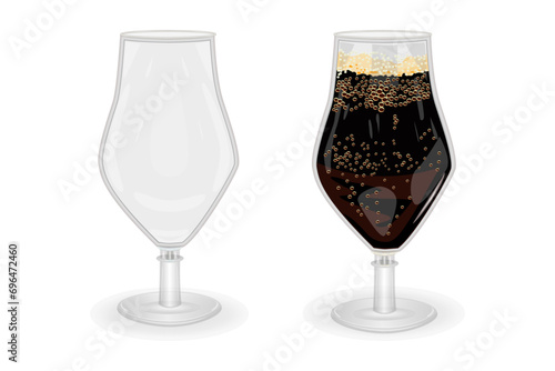 Beer glasses isolated on white background. Empty and full dark beer mug. Tall goblet with leg for ale. Clear blank and frothy porter drink stemware set. Patrick day or oktoberfest. Vector illustration
