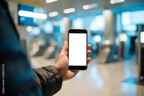 Man holding phone with in airport terminal with white screen mock up, mockup
