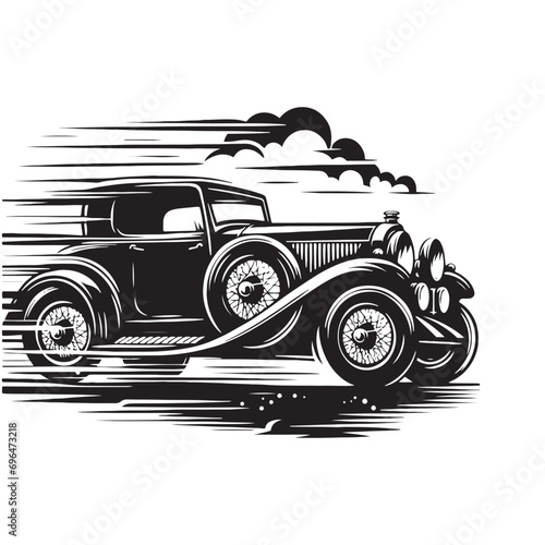 vintage car silhouette - Vintage Car Outline Driving into the Sunset Dusk Journey Transport Adventure Vintage Vehicle Black Vector
 photo