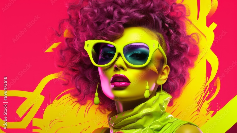 funny clown with a smile, large glasses, in neon 80s style funny clown with a smile, large glasses, in neon 80s style