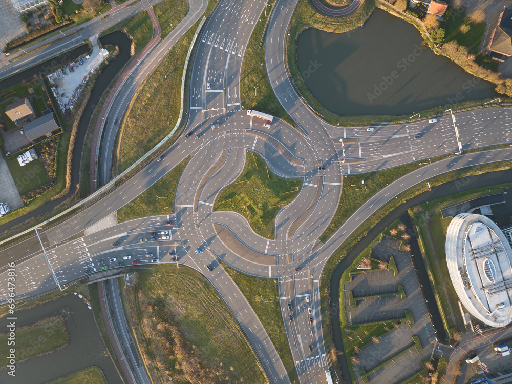 Complex roundabout intersection, turbo roundabout. Traffic flow intersection.