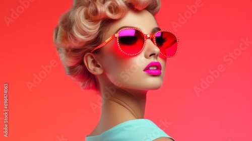 portrait of a woman with pink lips, large glasses, on tangerine isolaed background
