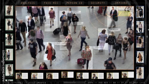 
Scanning Crowd of People Walking at Station. Surveillance Interface Using Artificial Intelligence and Facial Recognition. Face Detection, AI, Future, Total Control, Privacy. Suspect Found. photo