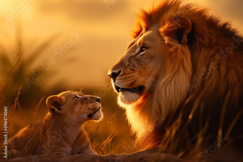 Savanna Embrace  Father and Cub Frolic in Sunset Glow