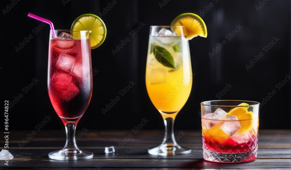 Various types of cocktails, many colors, each glass is prepared with alcohol and ice such as lemon, orange, strawberry. For refreshing, add fruit juice. To taste relaxation.