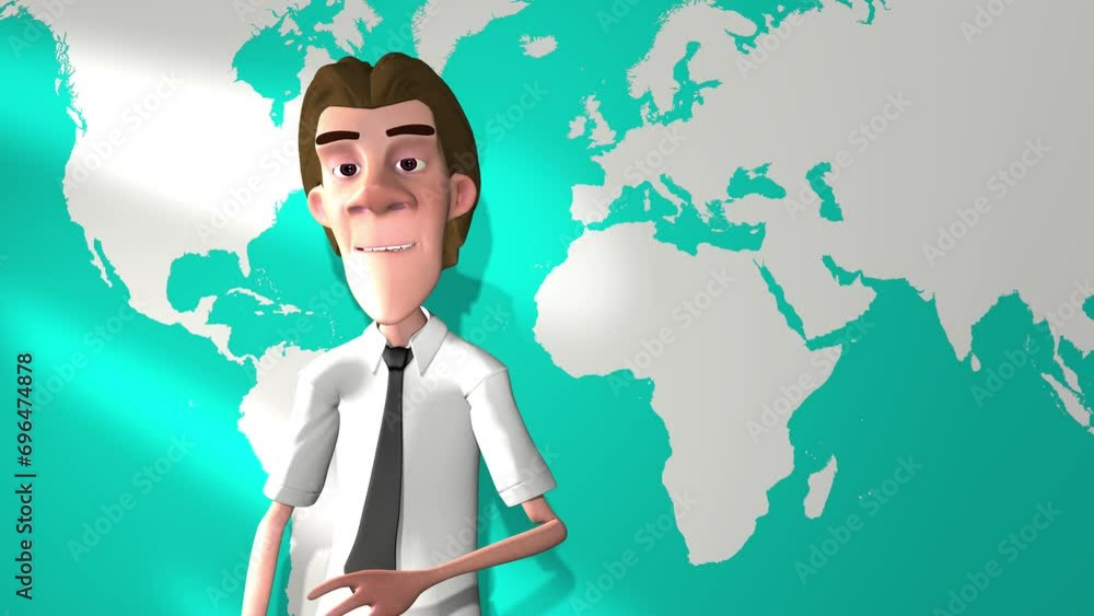3d animation, one cartoon character speaking near a blue wall with a world map. 3d animation, one cartoon character speaking near a blue wall with a world map.