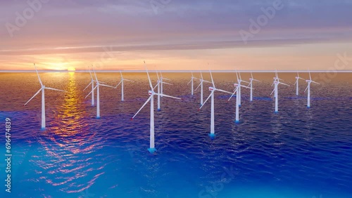 Offshore wind turbines farm on the ocean. Sustainable energy production, clean power. 4K ULTRA HD.	
 photo