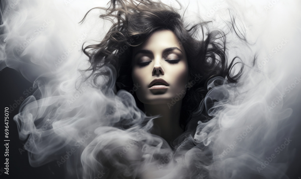 Fototapeta premium Ethereal Beauty in Dreamy Smoke, Monochrome Portrait of Woman with Smoky Wisps