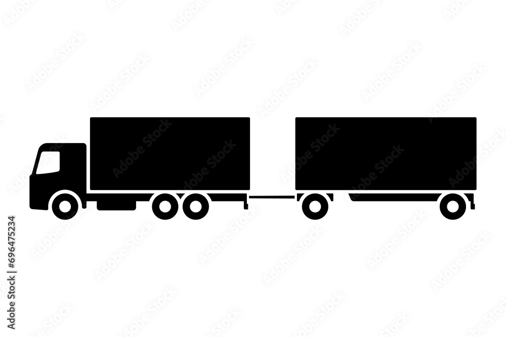 Truck with trailer icon. Road train. Black silhouette. Side view. Vector simple flat graphic illustration. Isolated object on a white background. Isolate. Truck with trailer icon. Road train. Black silhouette. Side view. Vector simple flat graphic illustration. Isolated object on a white background. Isolate.
