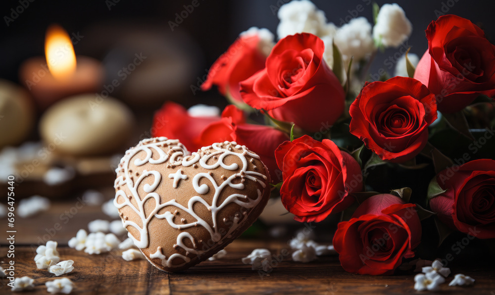 Romantic Valentine's Day setting with red and white roses and heart-shaped decorations on a wooden background Romantic Valentine's Day setting with red and white roses and heart-shaped decorations on a wooden background