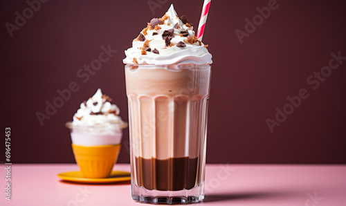 Chocolate Milkshake with Whipped Cream and Striped Straw on Pastel Pink and Peach Background