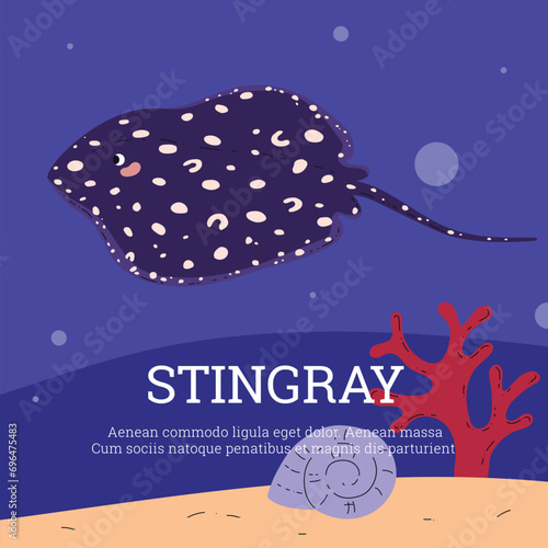 Stingray with coral and shell on seafloor vector illustration.