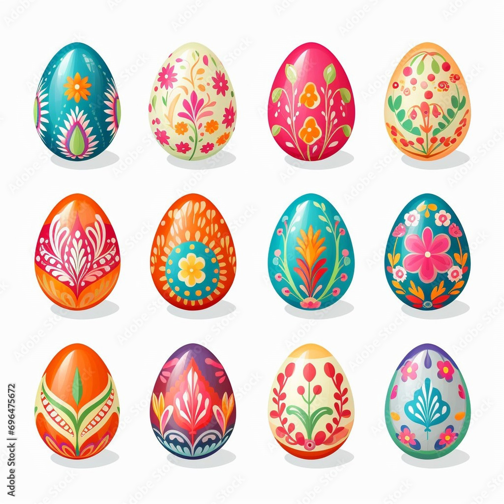 Set with colorful Easter eggs on white background, 12 eggs icon for app