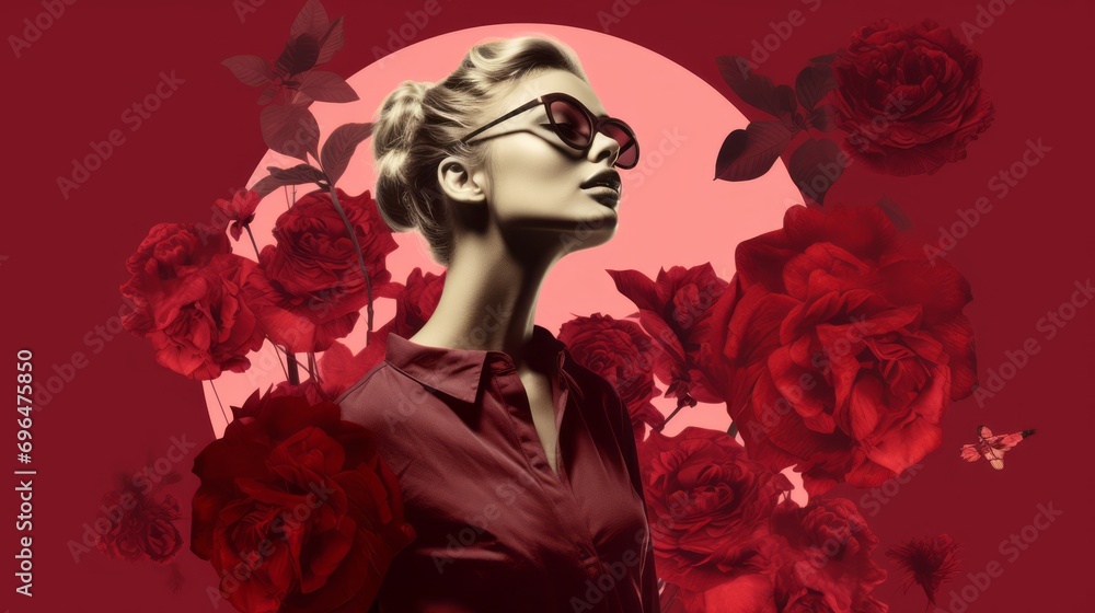 Portrait of a woman with butterflies and flowers in a maroon photographic collage style with space for text and graphic