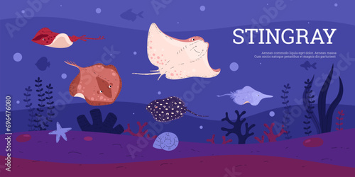 Sea underwater nature landscape with various stingrays fishes, algae and corals, vector wildlife marine fauna and flora